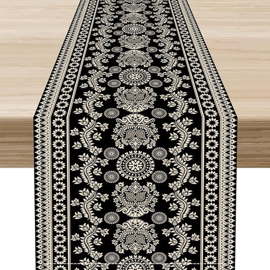 Black Paisley Table Runner, Retro Damask Boho Floral Print Linen Table Center Decor Family Kitchen Outdoor Farmhouse Holiday Party Table Decorations 13x72 inch