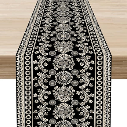 Black Paisley Table Runner, Retro Damask Boho Floral Print Linen Table Center Decor Family Kitchen Outdoor Farmhouse Holiday Party Table Decorations 13x36 inch