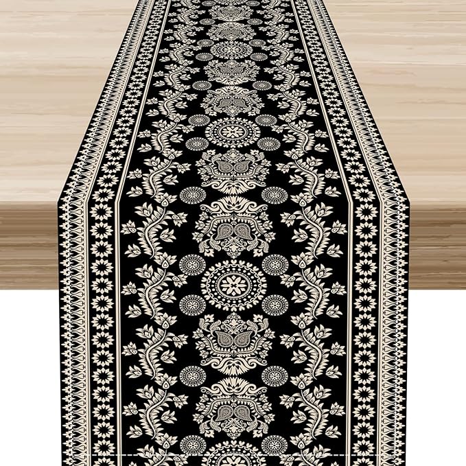 Black Paisley Table Runner, Retro Damask Boho Floral Print Linen Table Center Decor Family Kitchen Outdoor Farmhouse Holiday Party Table Decorations 13x108 inch