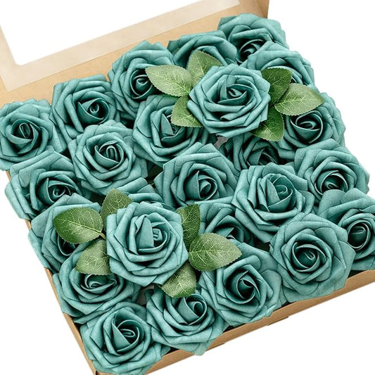 Ling's moment Artificial Flowers 25Pcs Turquoise Roses Decor w/Stems,3" Real Touch DIY Foam Floral for Wedding Bouquet/Centerpieces, Outdoors Party Backdrop, Room/Table, and Garden/Pot Decorations