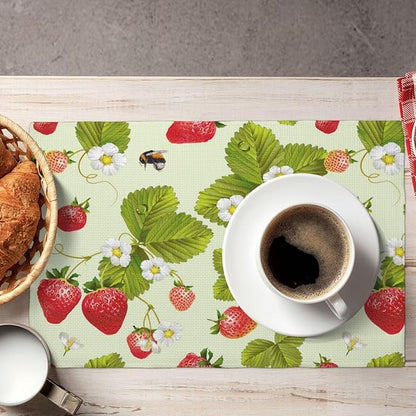 Fruit Linen Placemats Set of 4 Strawberry Plants Flowers Placemats for Indoor Outdoor Party Home Desktop Kitchen Dining Room Decor 12x18 Inch