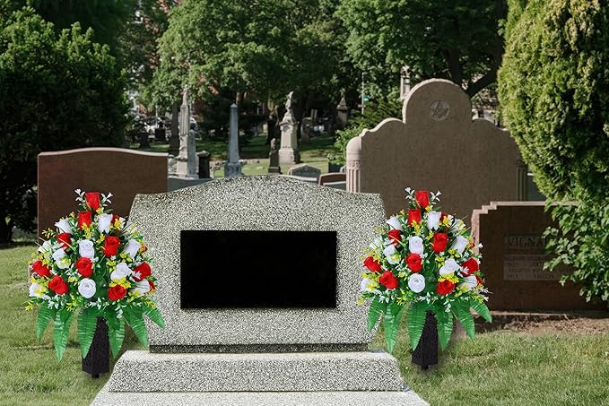 Artificial Cemetery Flowers, Gravesite Decoration Roses, Memorial Bouquets with Cemetery Vase, Vibrant and Long-Lasting Colors (Red + White, 2 Bundles)