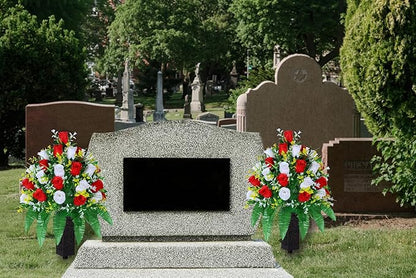 Artificial Cemetery Flowers, Gravesite Decoration Roses, Memorial Bouquets with Cemetery Vase, Vibrant and Long-Lasting Colors (Red + White, 2 Bundles)