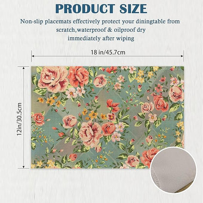Placemats-Vintage Rose Floral Linen Table Place Mats Set of 4 Non-Slip Heat Resistant Table Mats for Dining Kitchen Cabin Decor 12x18 Inch