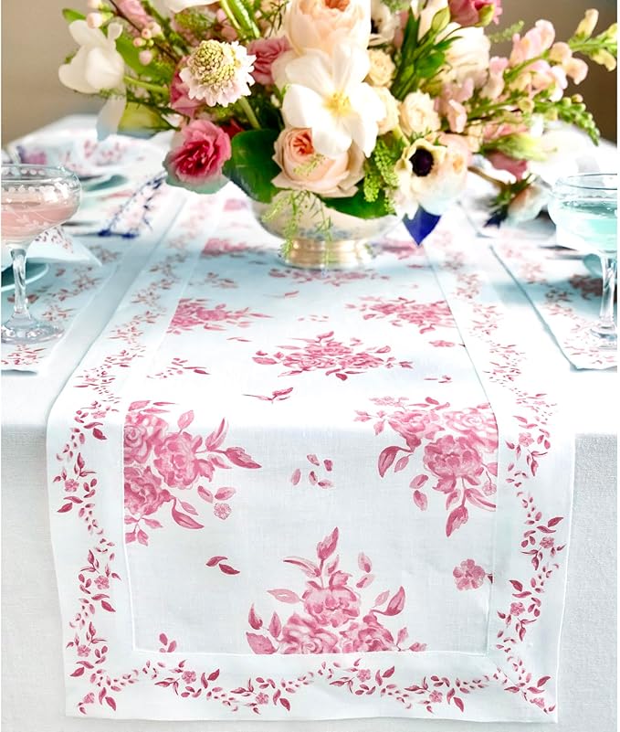 Solino Home Pink Floral Print Table Runner 60 inch - 100% Pure Linen Table Runner 14 x 60 Inch - Handcrafted and Machine Washable - Jolie Fleur Print