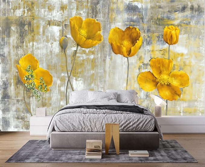 Yellow Oil Painting Flowers Wall Mural Wallpaper for Bedroom 103" x 69"