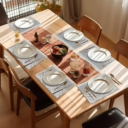 Lace Flower Placemats Set of 6,Washable Heat Resistant 12×18 Inch Linen Table Mats White Gray Place Mats for Party Outdoor Dining Décor
