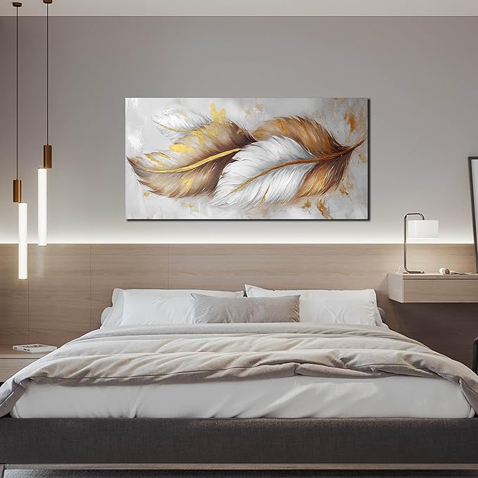 Leaf Canvas Wall Art for Living Room Large Size - White and Brown Gold Pictures Wall Art for Bedroom - Modern Wall Art Office Size 29" x 59"