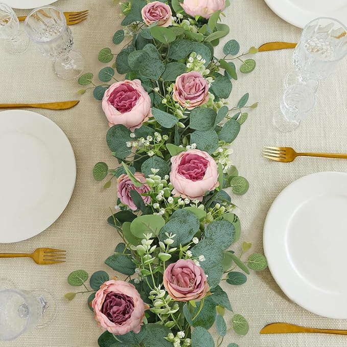 SOMYTING 2 Pack 13FT Flower Garland, Artificial Rose Vine Fake Flower Garland Silk Rose Peony Hanging Vine Faux Floral Garlands for Wedding Party Arch Table Wall Backdrop Decoration (Vintage Pink)