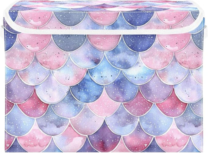 senya Baskets Collapsible Storage Bins with Lids, Purple Watercolor Mermaid Scales Storage Boxes Clothes Baskets for Organizing
