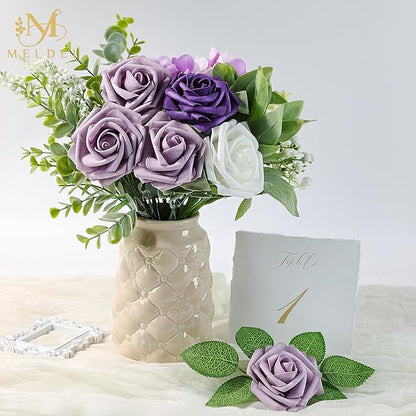 Meldel Artificial Flowers 25pcs Real Looking Purple Lilac Foam Fake Roses with Stems for DIY Wedding Bouquets Bridal Shower Centerpieces Floral Arrangements Home Decorations Bulk Crafts Rose