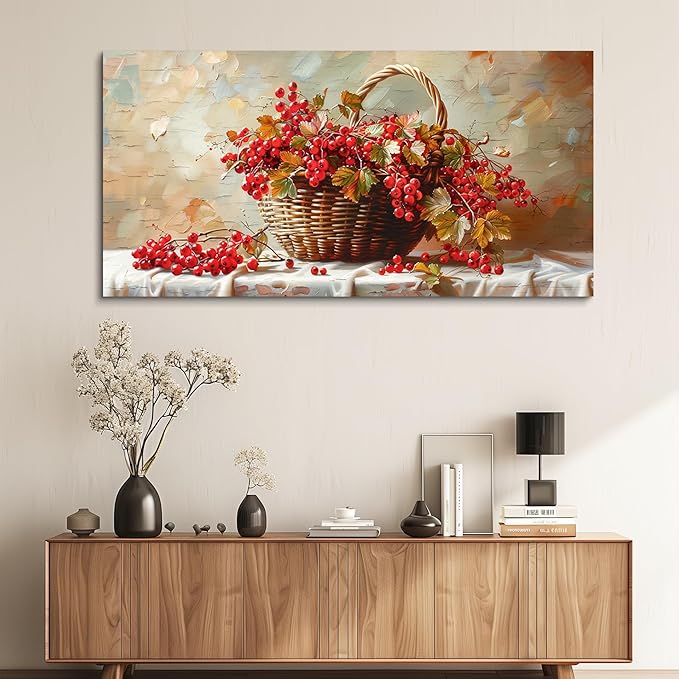 hyidecorart Rustic Dining Room Artwork For Walls Large Canvas Print Wall Art Still Life Bamboo Basket And Fruit Vintage Wall Decor Pictures For Living Room Farmhouse Kitchen Bar Office Posters 24x48
