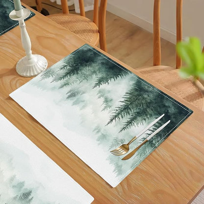 Misty Forest Placemats Set of 6, Green Tree Landscape Place Mats, Rustic Mountain Dining Table Mats, Washable Placemats for Kitchen Dining Room 18L'' × 12W''