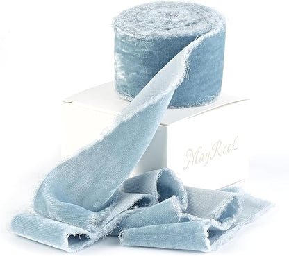 MAYREEL 2 Inch Dusty Blue Velvet Ribbon Hand Torn Slate Blue Silk Frayed Edge for Bridal Bouquets Invitations Wedding Vow Books Gift Baskets Hair Bows 3 Yards