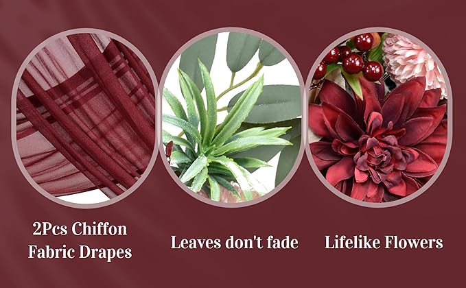 Ting's time Artificial Wedding Arch Flowers Kit(Pack of 4) 2pcs Large Blush Artificial Flower Swags with 2pcs Draping Fabric for Wedding Party Ceremony Decoration(Burgundy)