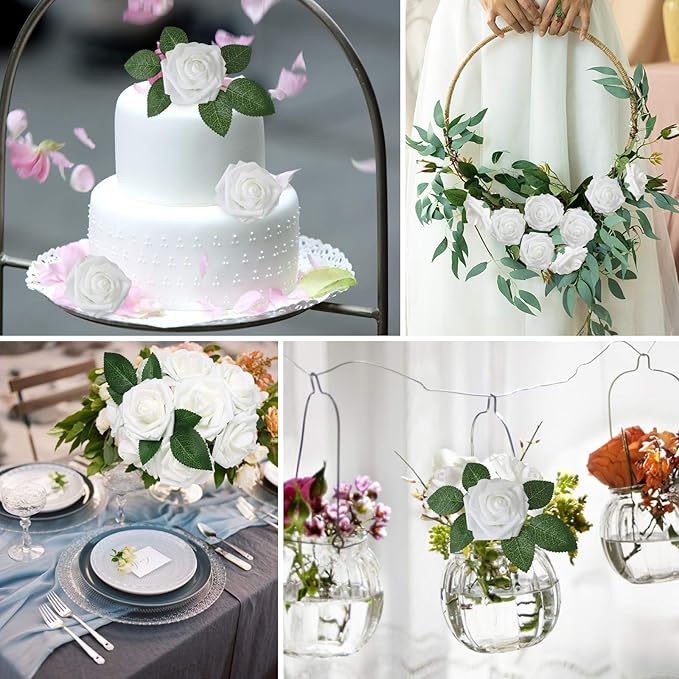 AmyHomie Artificial Flowers White Rose 100pcs Real Looking Fake Roses w/Stem for DIY Wedding Bouquets Centerpieces Arrangements Party Baby Shower Valentines Day Christmas Tree Decorations