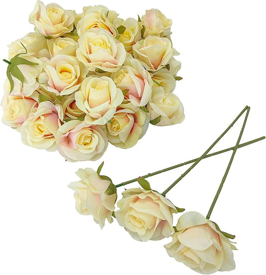 Artificial Satin Rose Flower Heads,42 Pcs Silk Rose Heads with Stems,3.3'' Rose Artificial Flowers Bulk,Artificial Rose Flower Heads for DIY Crafts Bouquet (42, Champagne)