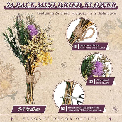 Layhit 24 Pcs Boho Dried Flower Bouquet Mini Wedding Handmade Dry Flowers Decor for Vase Crafts DIY Photo Boutonniere for Men Floral Plant for Bridesmaid Gift Birthday Decor (Vivid)