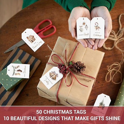 AUDREE 50 Pcs Christmas Gift Tags with String - Cozy Holiday Gift Tags for Xmas Presents - Christmas Name Tags for Gifts - Hanging Labels Decoration Xmas Winter Holiday Present DIY Crafts