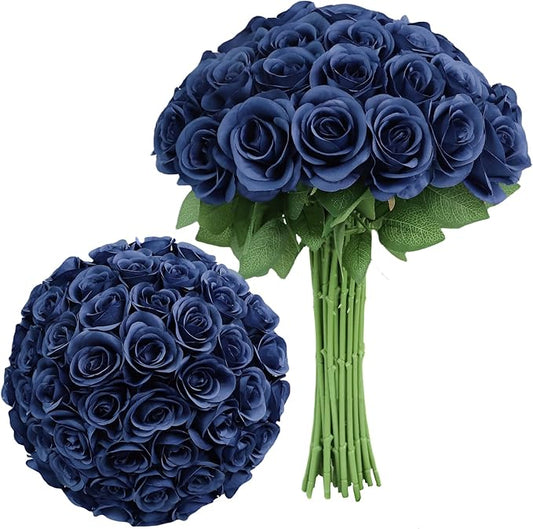 Artificial Rose Flower Artificial Flowers Flower with Long Stem Silk Roses Bouquet for Wedding Bridal Shower Party Home Decoration (Navy Blue, 30 Pcs)