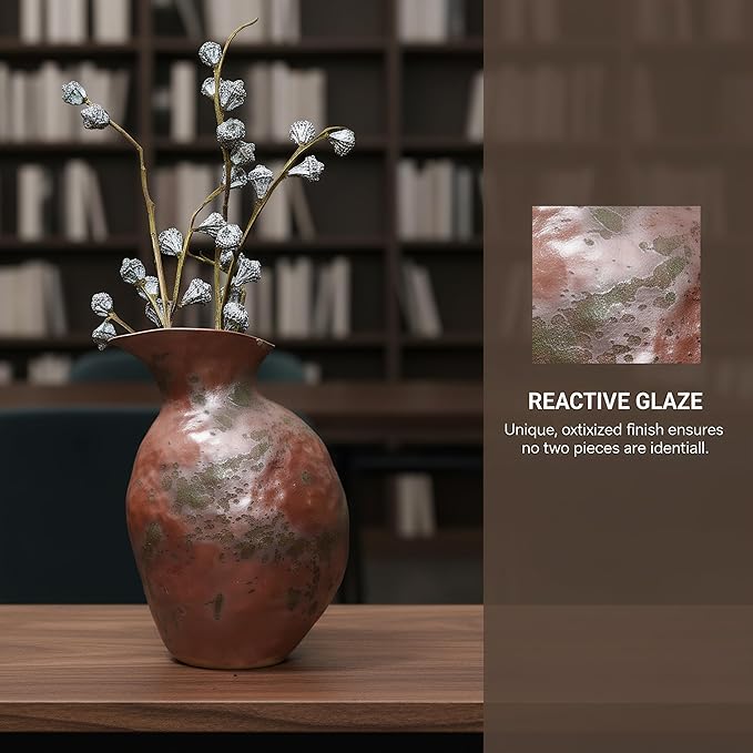 Rustic Ceramic Vase Vintage Farmhouse Style Decor, Frosted Texture Pottery for Home Decor, Modern Living Room, Office Desk Table Centerpiece (Grey and Green) 8IN