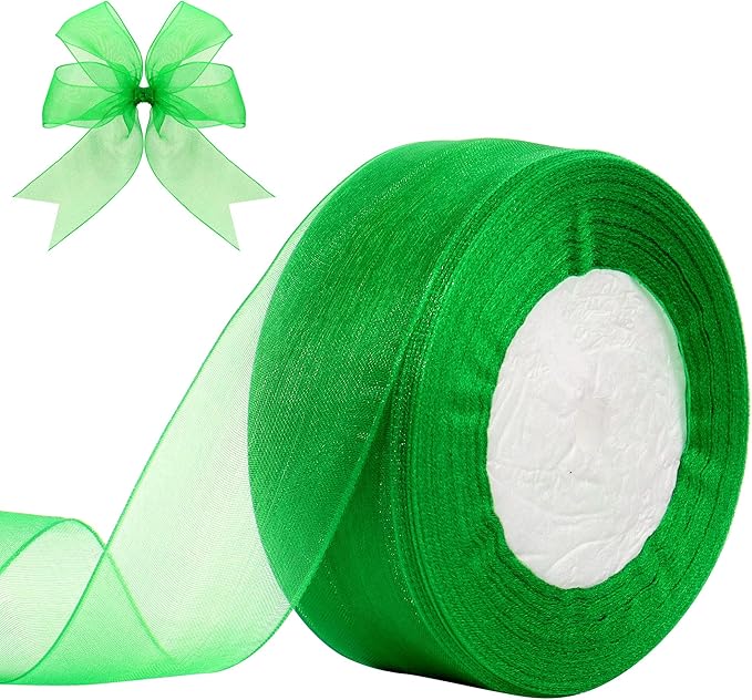 1-1/2 Inch x 50 Yards Sheer Organza Ribbon Chiffon Ribbon for Gift Wedding Flower Bouquet Wrapping Decorations Crafts (Green)