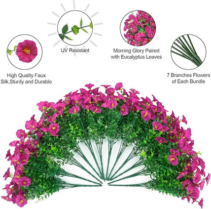 Ouddy Decor 24 Bundles Artificial Flowers for Outdoors Decoration Fake Silk Morning Glory Flowers Faux Eucalyptus Plants UV Resistant for Porch Patio Garden Spring Summer Home Decor, Fuchsia