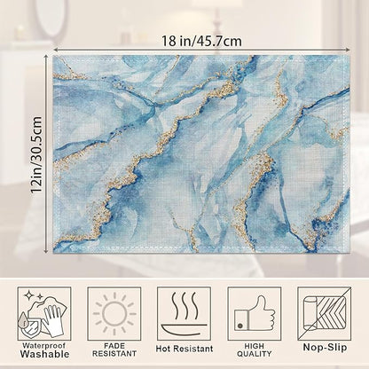 Marble Placemats Set of 6,Blue Gold Elegant Marbling Place Mats Heat Resistant Washable Non-Slip Table Mats for Party Kitchen Dining Decor 12x18 Inch