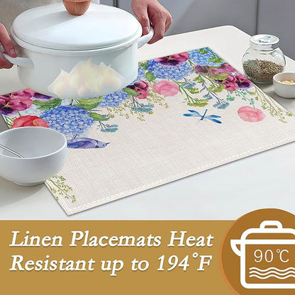 Vintage Floral Botanical Butterfly Placemats Set of 6, 12x18 Inch Waterproof Stain Resistant Linen Table Placemats Summer Seasonal Farmhouse Kitchen Party Decor Home Decor