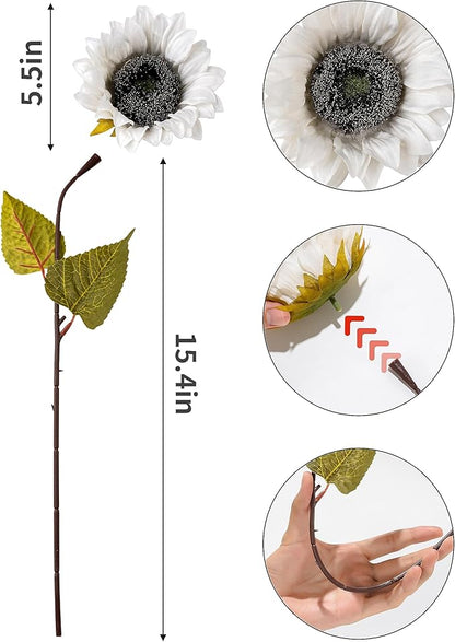 DuHouse 12pcs Artificial Sunflowers with Long Stems 5.5" Silk Sunflowers Bulk for Wedding Home Garden Outdoor Party Decoration(White)