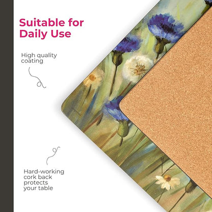 Pimpernel Fleurs des Champs Collection Placemats & Coasters Set (15.7" x 11.7") – Blue & White Cornflower Pattern on Cork-Backed Boards, Heat & Stain Resistant Dining Mats with Lacquered Finish