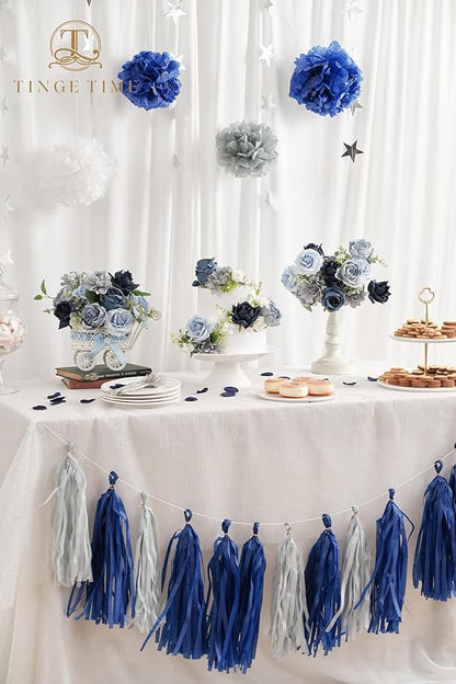 TINGE TIME Artificial Flowers, 25pcs Real Looking Gradient Blue Rose Fake Roses w/Stem for DIY Wedding Bouquets Centerpieces Arrangements Party Baby Shower Home Decorations