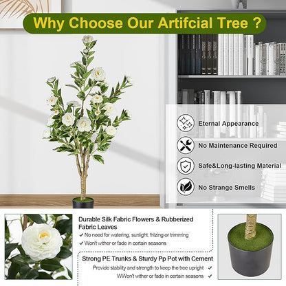 5.2FT Artificial Camellia Tree, White Silk Flower Faux Plant - Realistic Potted Greenery for Indoor/Outdoor, Office & Home Room Decor, Ideal for Wedding Venue Decoration