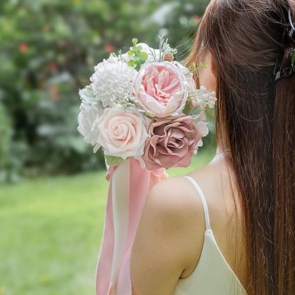 ponatia Dusty RoseWedding Bouquets for Bride Bridesmaid, Blush Pink Wedding Artificial Roses Flowers for Wedding Bouquets Ceremony, Anniversary (Dusty Rose & Blush)