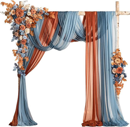 Ling's moment Fall Wedding Arch Flowers with Sheer Drapes Kit - Artificial Orange and Navy Blue Floral Arrangements for Ceremony Backdrop, Arbor Decor, 5-Piece Set (2 Flower Stems + 3 Hanging Drapes)