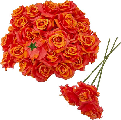 Artificial Satin Rose Flower Heads,48 Pcs Silk Rose Heads with Stems,3.3'' Rose Artificial Flowers Bulk,Artificial Rose Flower Heads for DIY Crafts Bouquet (48, Sunset)