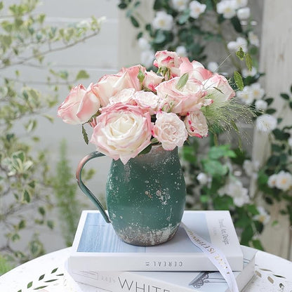 BIG FORTUNE Decorative Pitcher Vase Large Rustic Farmhouse Vase for Flowers Vintage Metal Milk Jug Vintage Decorative Pitcher Kitchen Decorations (Green)