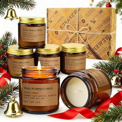 Christmas Candles for Home Scented, 6 x 3.5 oz Soy Wax & 150 Hours Long Lasting Fall Winter Candles Sets, Gifts for Women Birthday Thanksgiving Day Merry Christmas | Apple Cinnamon Pumpkin Spice|