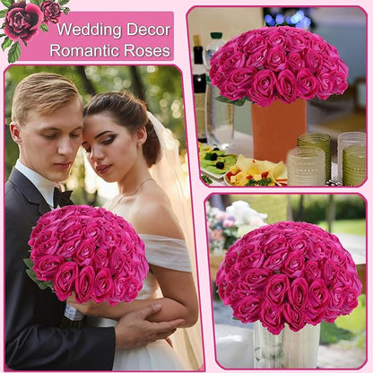 50Pcs Fuchsia Roses Artificial Flowers Fake Roses Faux Velvet Silk Flower for Home Wedding Decoration (Pearl Rose, Fuchsia)
