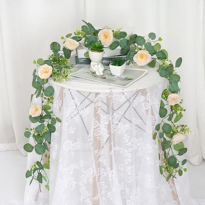 TOCHGREEN 2 Pack 12Ft Artificial Eucalyptus Flower Garland with Champagne Roses, Fake Rose Flower Greenery Garland Floral Vines for Wedding Home Party Table Runner Decor (2PCS, Champagne)