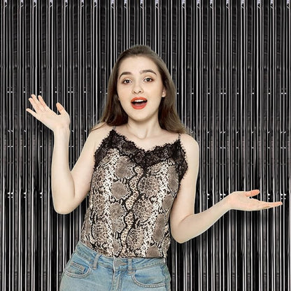 2 Pack Black Foil Fringe Backdrop Curtains, Tinsel Streamers Birthday Party Decorations, Fringe Backdrop for Graduation, Baby Shower, Gender Reveal, Disco Party