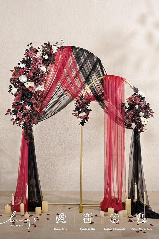 Ling's moment Wedding Arch Backdrop Stand with Flowers - 7.2FT, 6FT Set of 2 Metal Arch Frame with Drapes for Ceremony Decoration - Artificial Floral for Birthday Party, Baby Shower, Black Burgundy