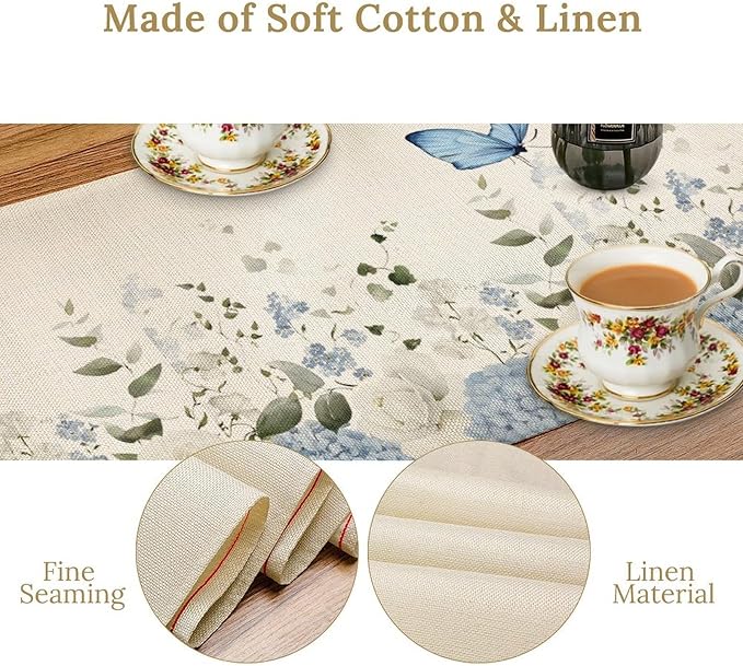 Floral Table Runner, Blue White Flower Butterfly Garden Spring Nature Decoration Table Runner for Kitchen Dining Home Party, 13x60 Inch