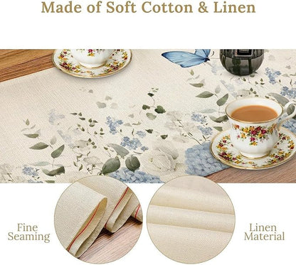 Floral Table Runner, Blue White Flower Butterfly Garden Spring Nature Decoration Table Runner for Kitchen Dining Home Party, 13x108 Inch