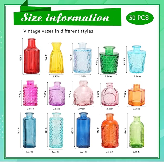 Yaomiao 30 Pcs Vases Bulk Colored Flower Glass Christmas Vases Bud Vintage Colored Glass Bottles Colorful Rustic Embossed for Home Wedding Table Decorations Gifts(Bright Color)