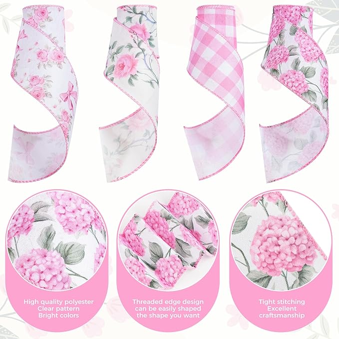 4 Rolls Pink Floral Wired Ribbon Set - 2.5 Inch Wide, 20 Yards Total – Rose Patterned Pink and White Vintage Satin Ribbon for Crafts, Spring, and Floral Decor, Mother's Day Gift for her