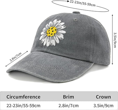 Waldeal Pickleball Hat for Women, Ajustable Embroidered Daisy Washed Denim Baseball Cap