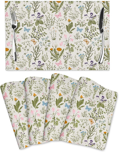 Vintage Wildflowers Placemats Set of 4, Herbs Plants Dining Table Mats, Washable Cute Botanic Spring Summer Sage Green Place Mats for Kitchen Dinner Parties Decor12 x18