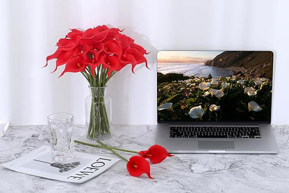 SITUMEIZI 24 PCS Red Fake Flowers Artificial Calla Lily Silk Flowers Real Touch for Mother's Day Easter Home Kitchen Decor Wedding Bouquet Office Spring Decoration