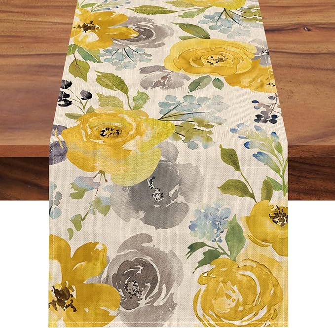 Seliem Spring Yellow Floral Flowers Table Runner, Rose Peony Watercolor Kitchen Dining Table Decor, Seasonal Summer Burlap Home Decoration Indoor Outdoor Party Supply 13 x 36 Inches